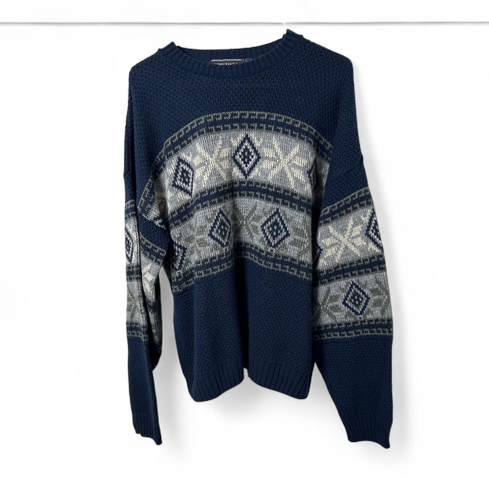 David Taylor navy blue acrylic sweater with gray and white geometric pattern